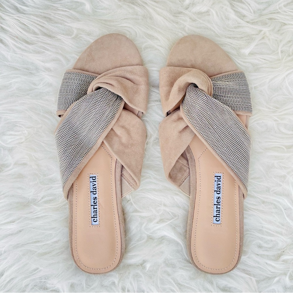 Charles David Kendall Beaded Suede Knotted Slides In Truffle Colour